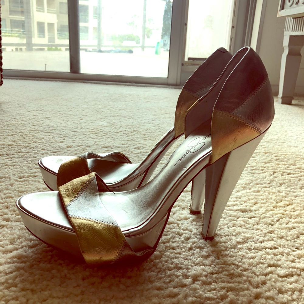 Silver and gold Jessica Simpson peep toe pump